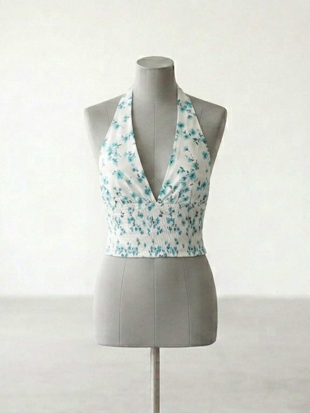 Streetwear Society White Halter Crop Top with Teal Floral Print